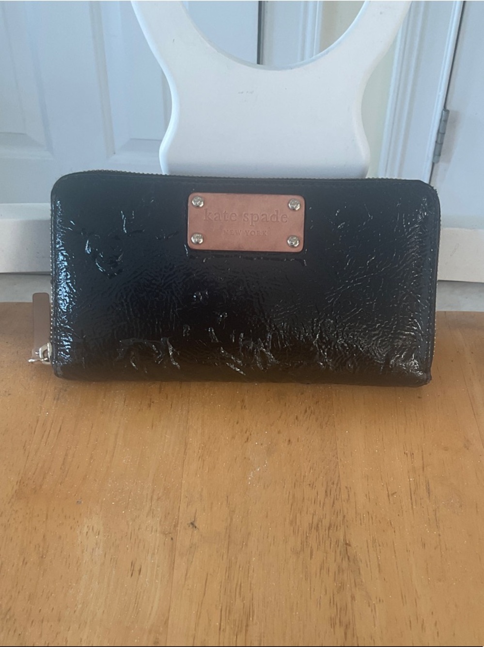 kate spade Black Patent Leather Zip Wallet with Rose Gold Plaque